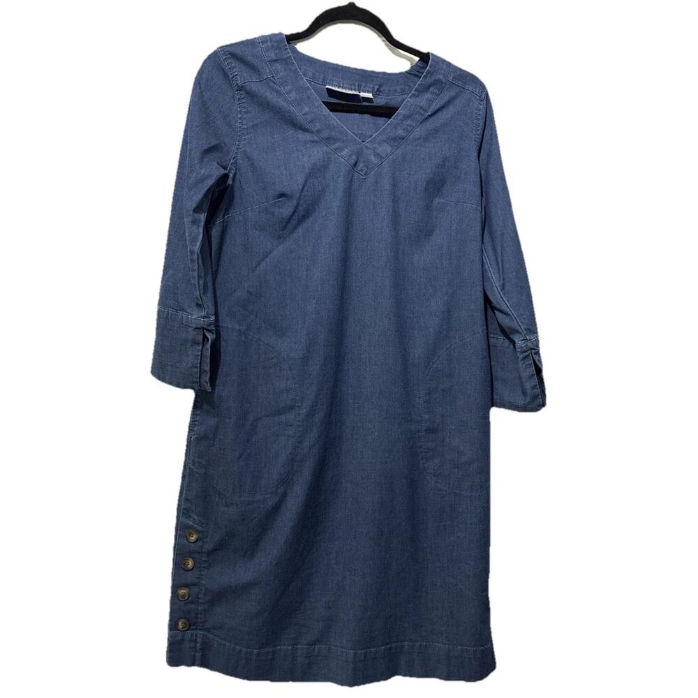 Belle Kim Gravel Denim V Neck Dress Size XS Horn Blue Buttons Pockets Dark Wash